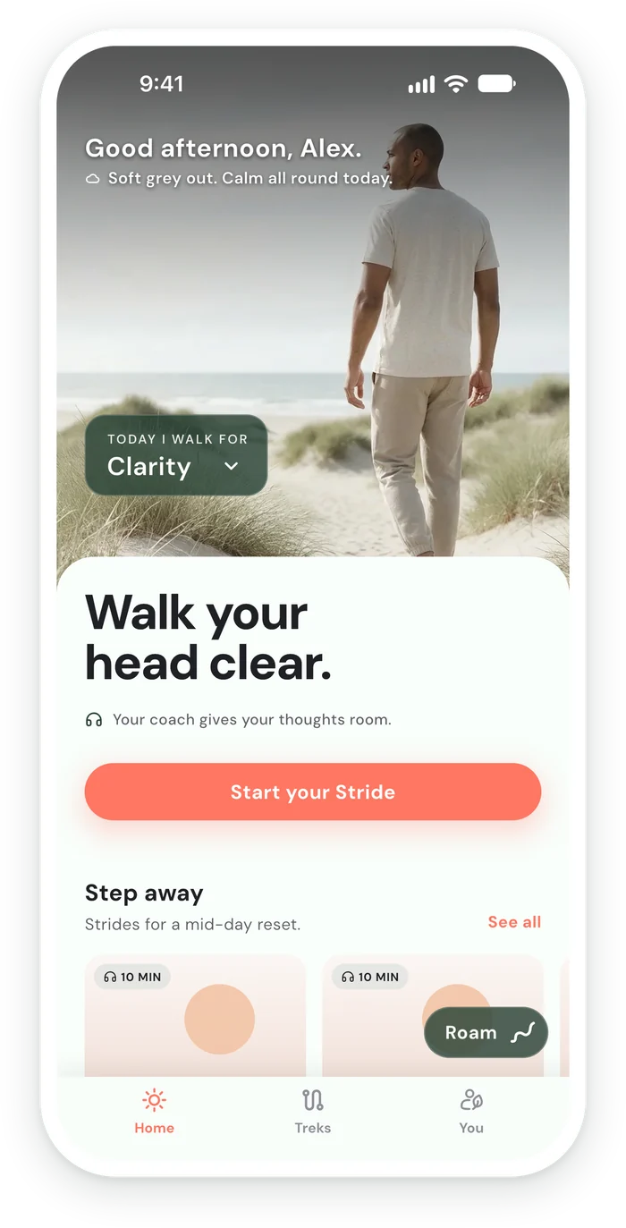 The Mindtrek Home screen: Walk your head clear, with Start your Stride and short Strides for a mid-day reset