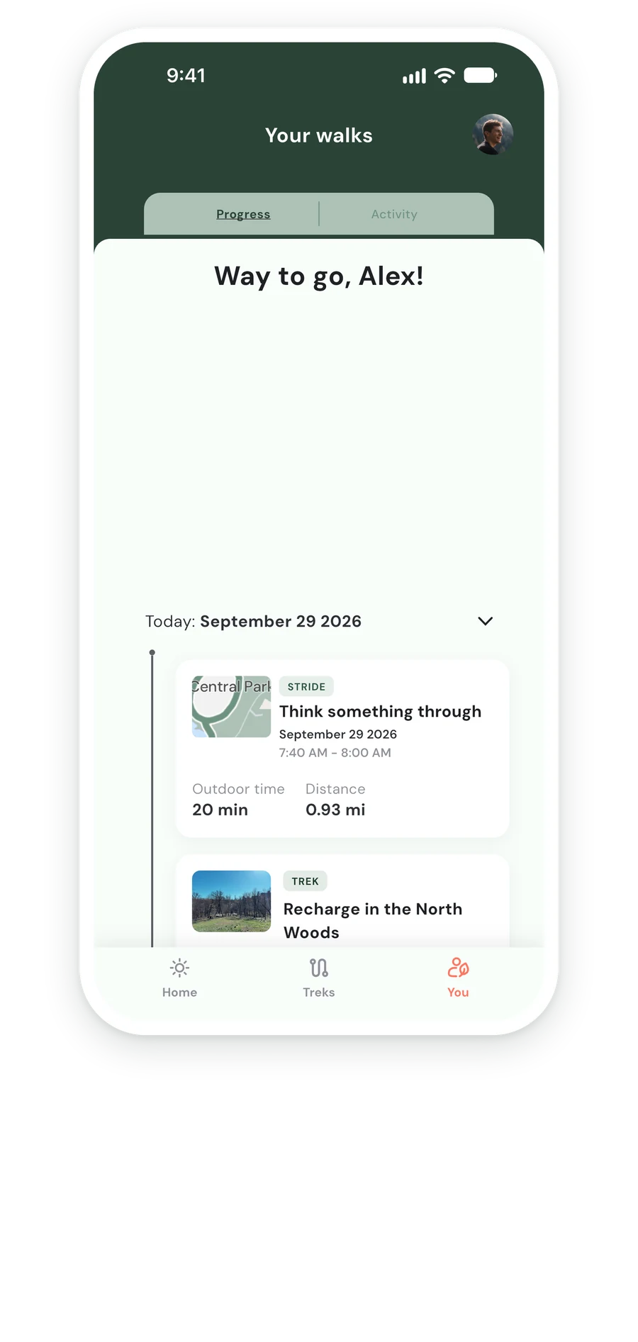 The You tab: 92 of 120 minutes outside this week, with today's walks below