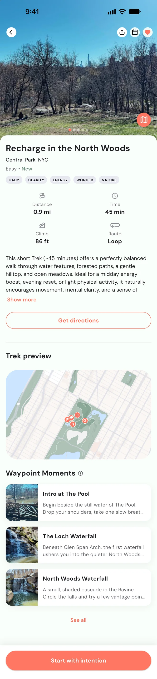 The Trek page for Recharge in the North Woods in the app: photo, intentions, distance and time, description, route preview and waypoint moments