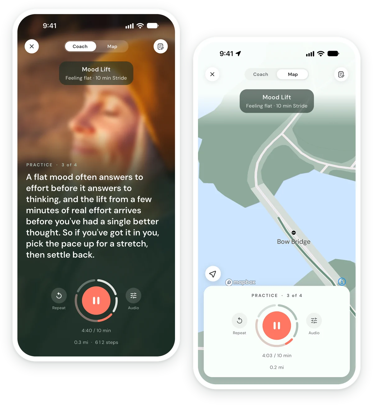 A Mood lift Stride in progress: the coach's practice on one screen, and the map view on the other with the walk over Bow Bridge in Central Park