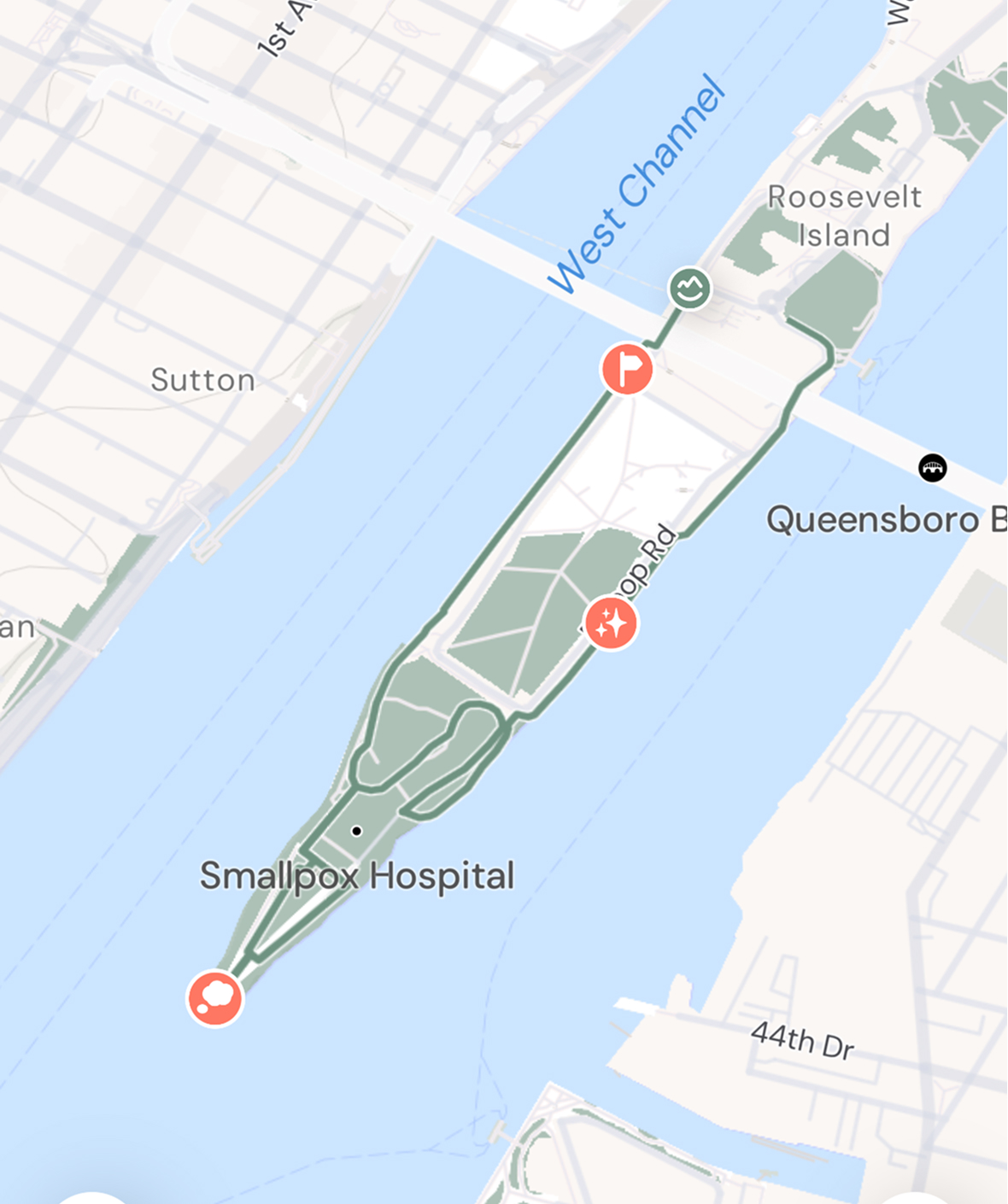 Route map of the Room at the End of the Island loop on Roosevelt Island, NYC
