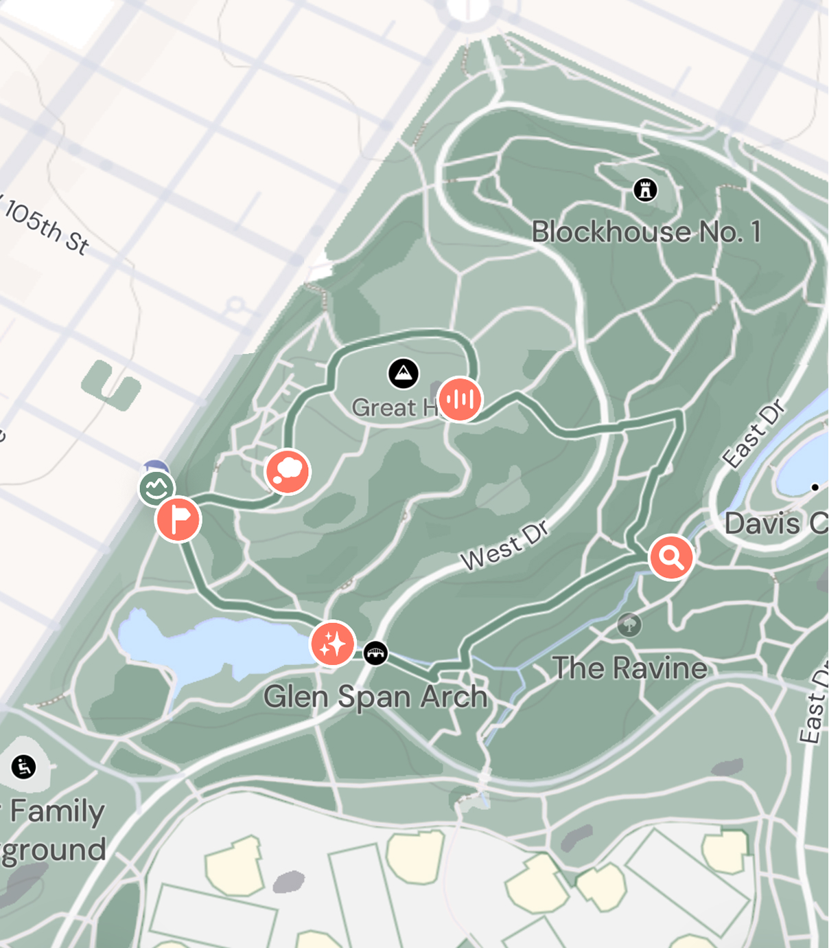 Route map of the Recharge in the North Woods loop in Central Park, NYC