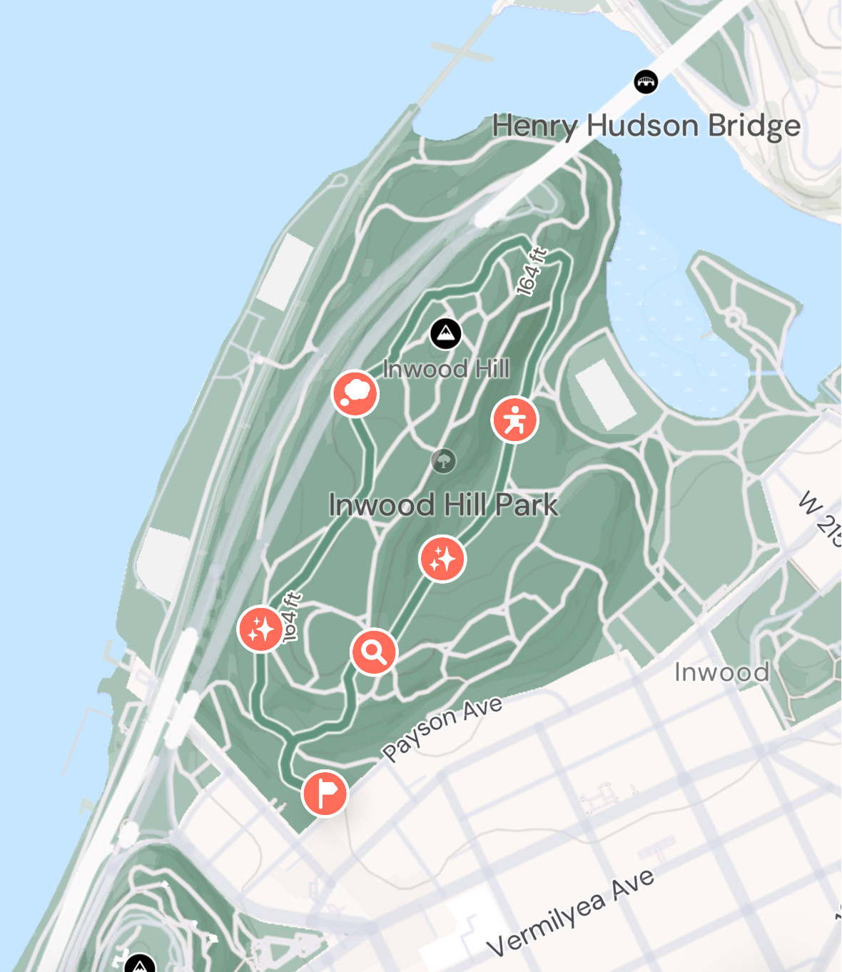 Route map of the Manhattan's Last Forest loop through Inwood Hill Park, NYC