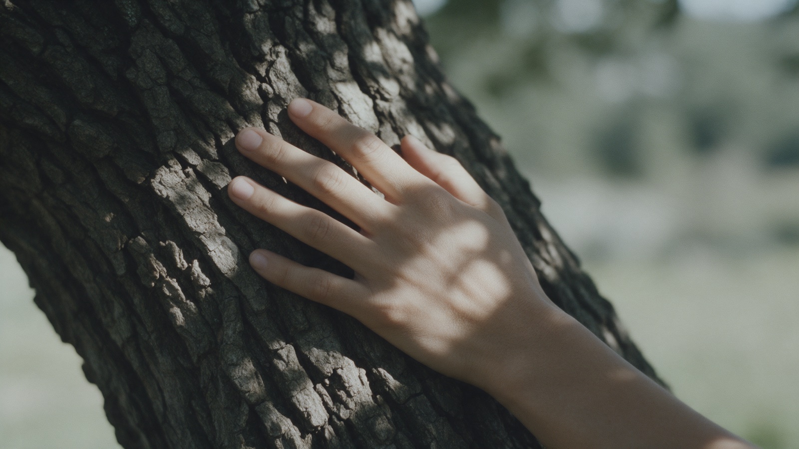 A hand resting on the bark of an old tree, dappled light, close crop