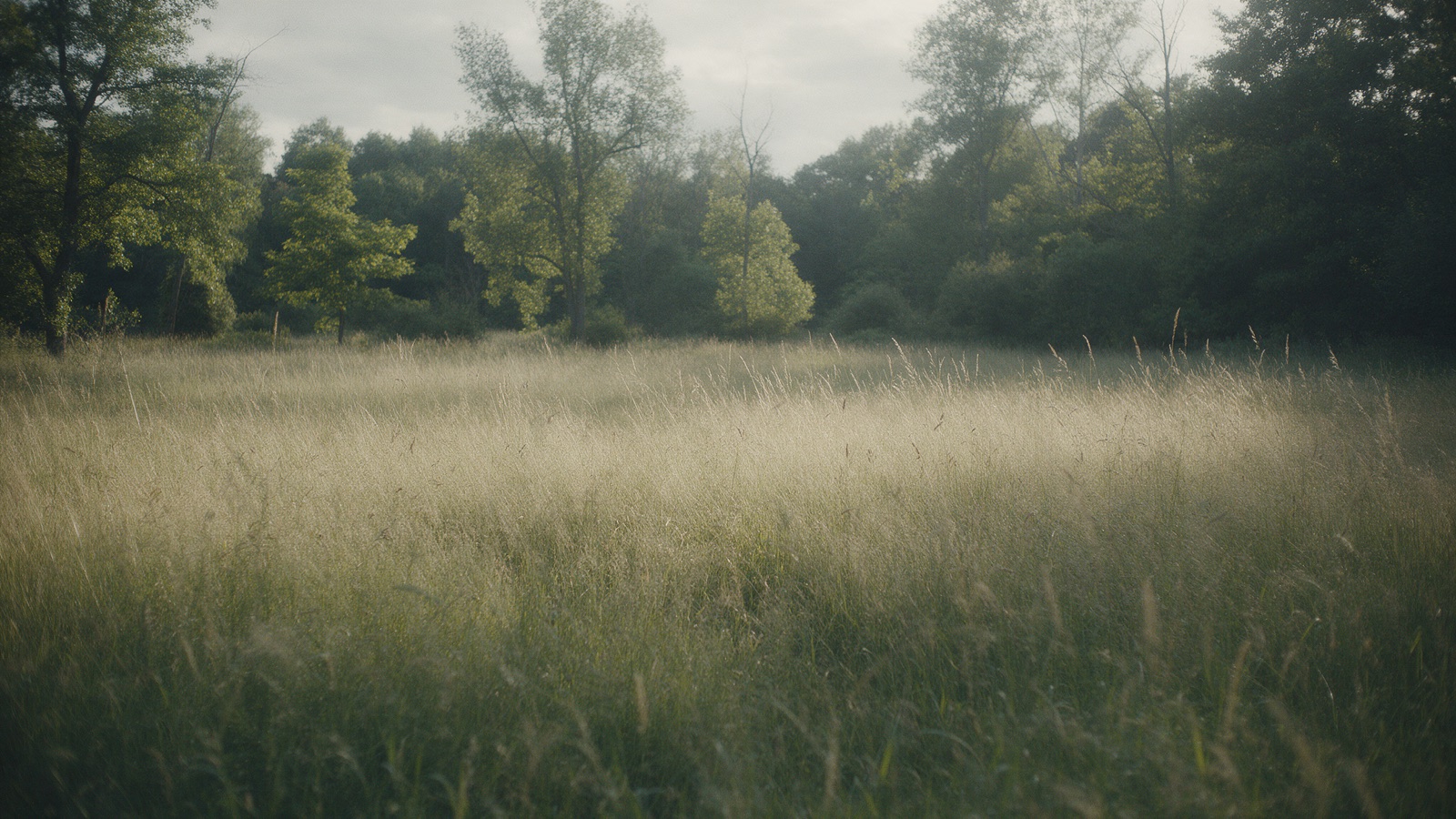 Sunlight on a wild meadow at the edge of woodland, tall grass moving, no people
