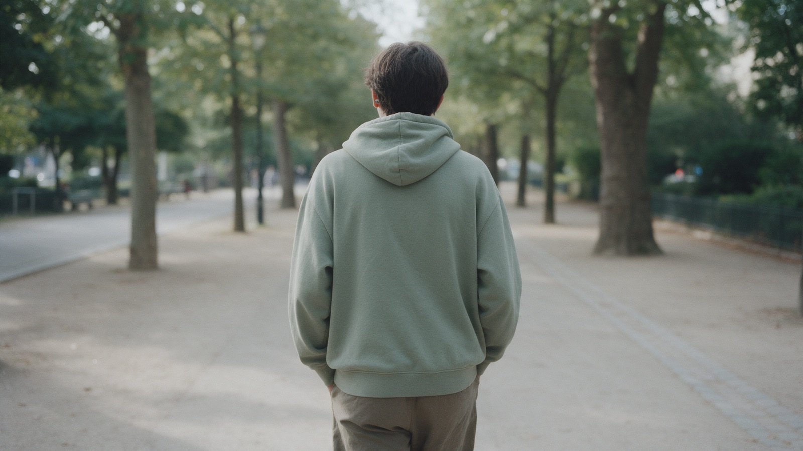 A person walking alone on a tree-lined park path, seen from behind, one earbud in