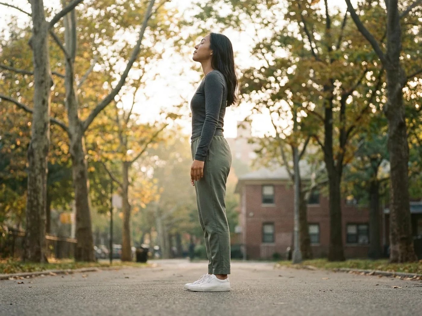 A woman standing on a park path under tall trees, looking up into the canopy