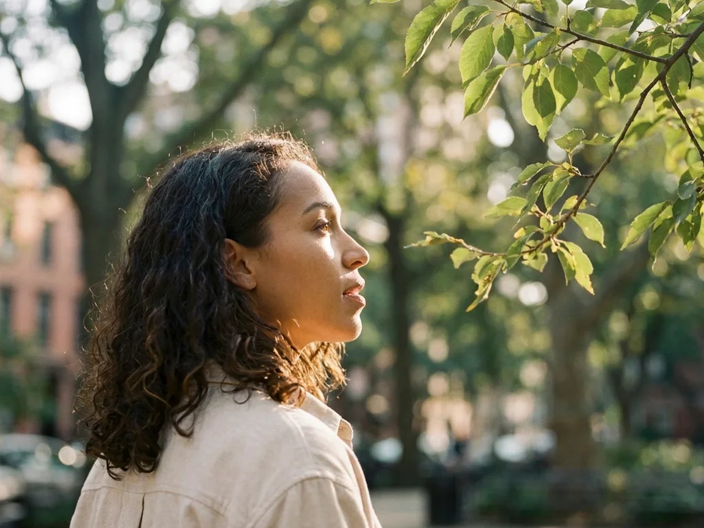 A woman looking up at sunlit leaves in a city park