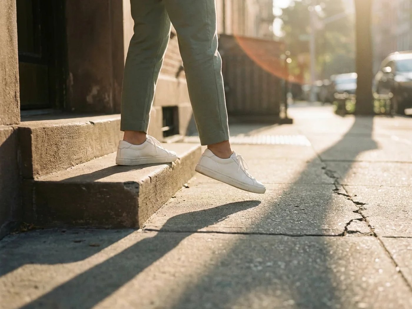 Feet stepping down a stoop onto a sunlit sidewalk