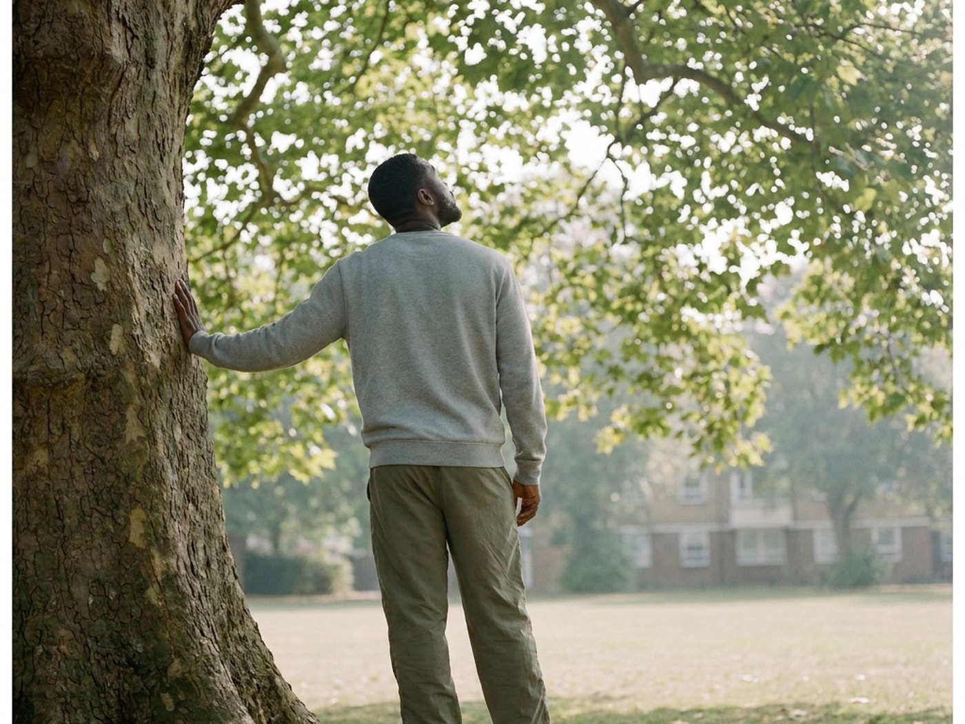 A man resting his hand on the trunk of an old plane tree in a city park