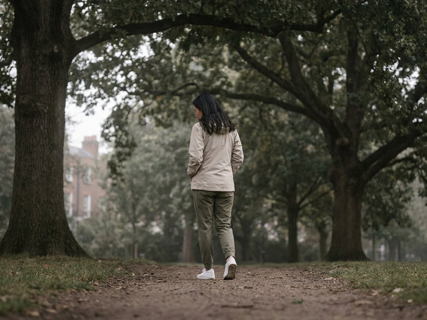 A woman walking alone down a shaded park path under old trees