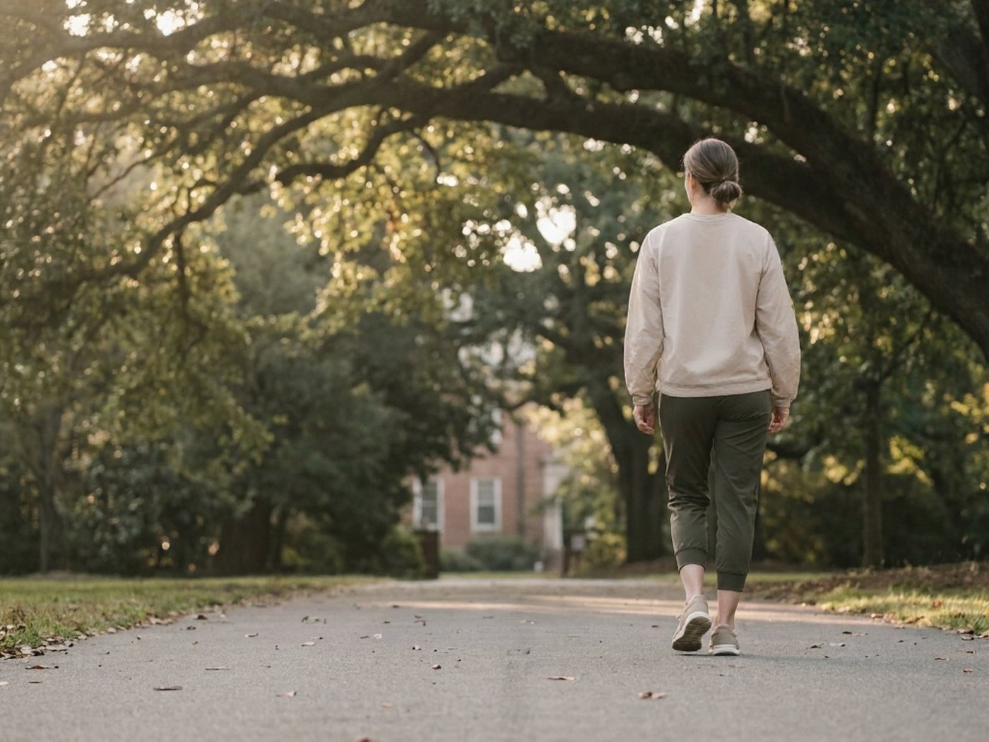 A woman walking a park road under a canopy of trees, apartment buildings behind