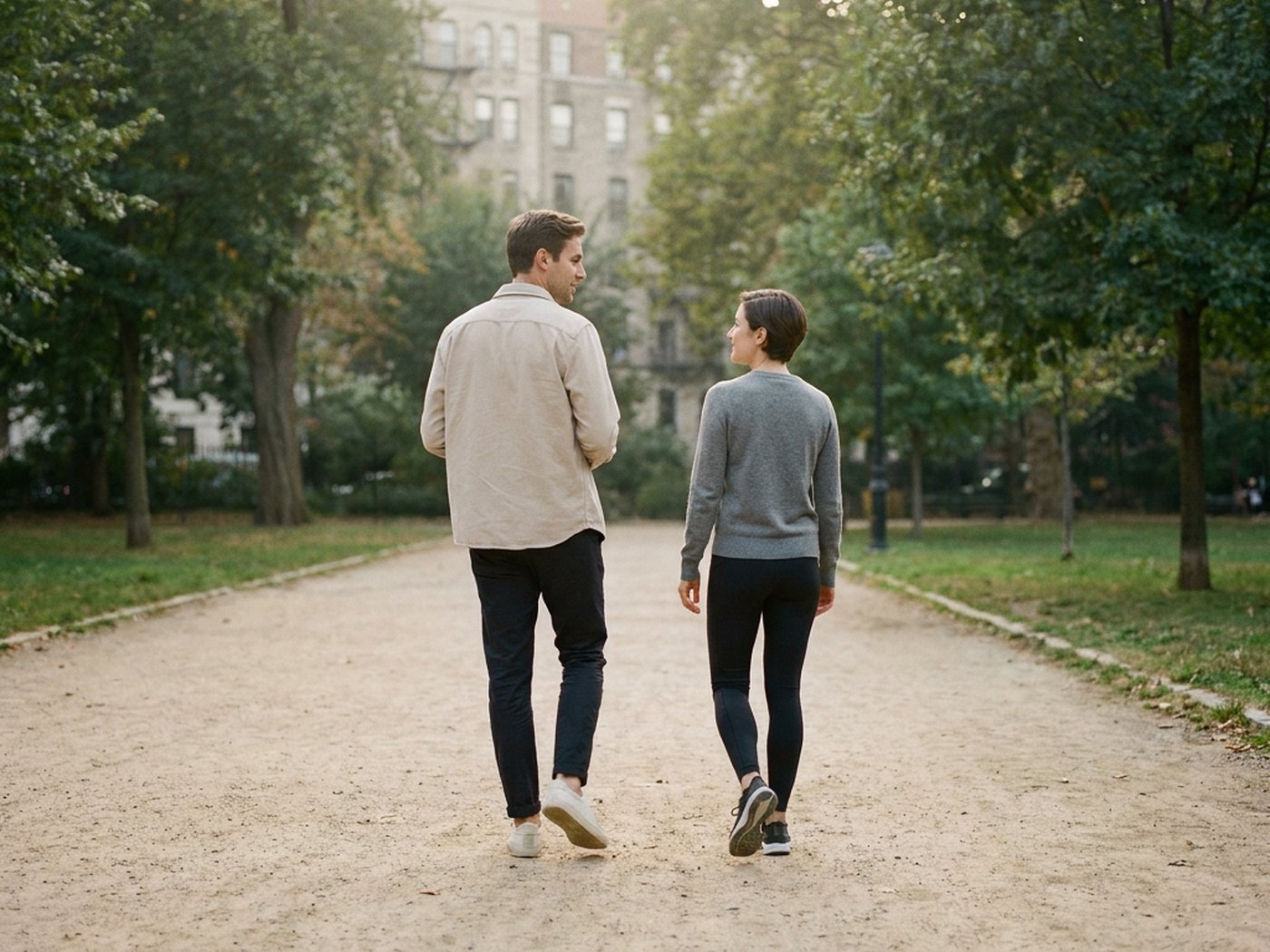 Two colleagues walking side by side along a gravel park path, talking