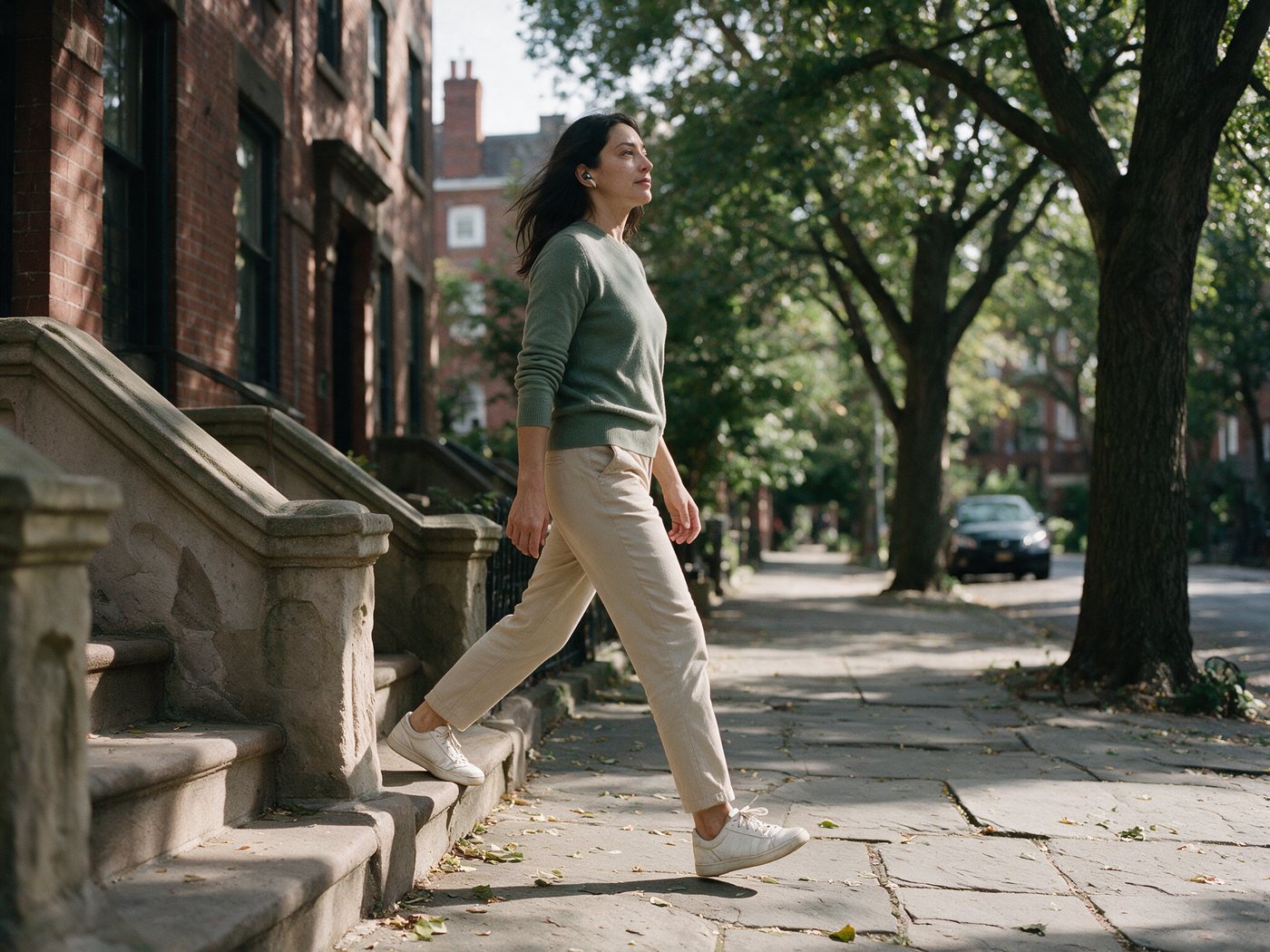A woman with earbuds steps down from a brownstone stoop onto a tree-lined sidewalk