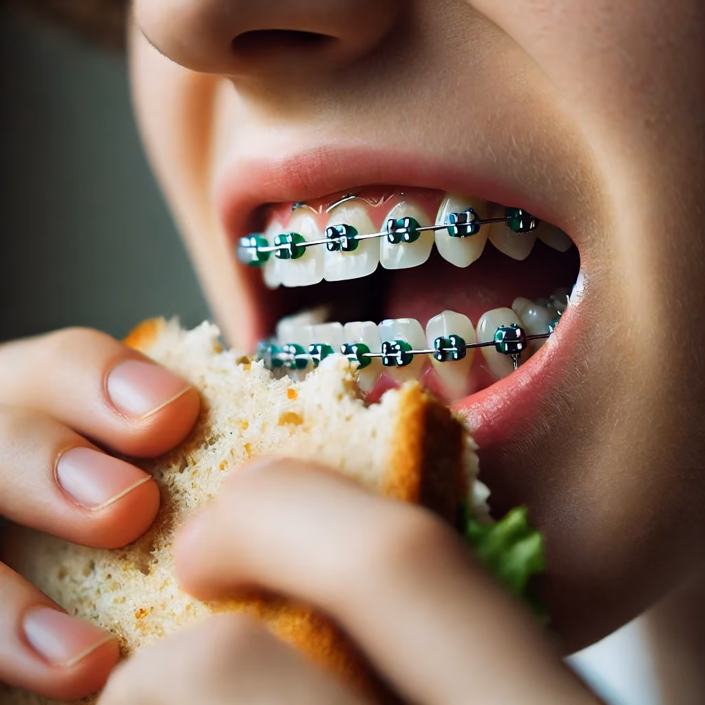 Close-up of a mouth with braces biting into a sandwich