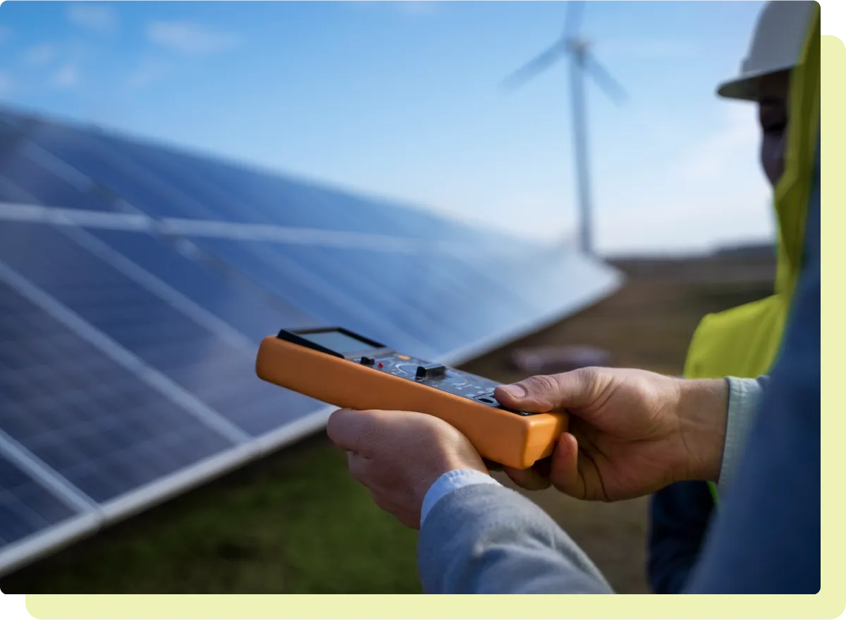 Person holding an orange multimeter near large solar panels and a wind turbine in the background.