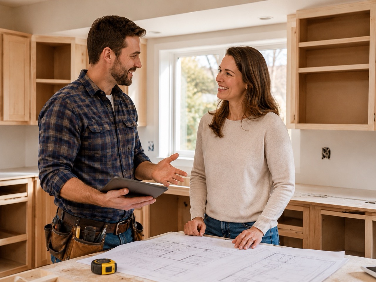 Man and woman discussing kitchen renovation plans over blueprints on countertop.