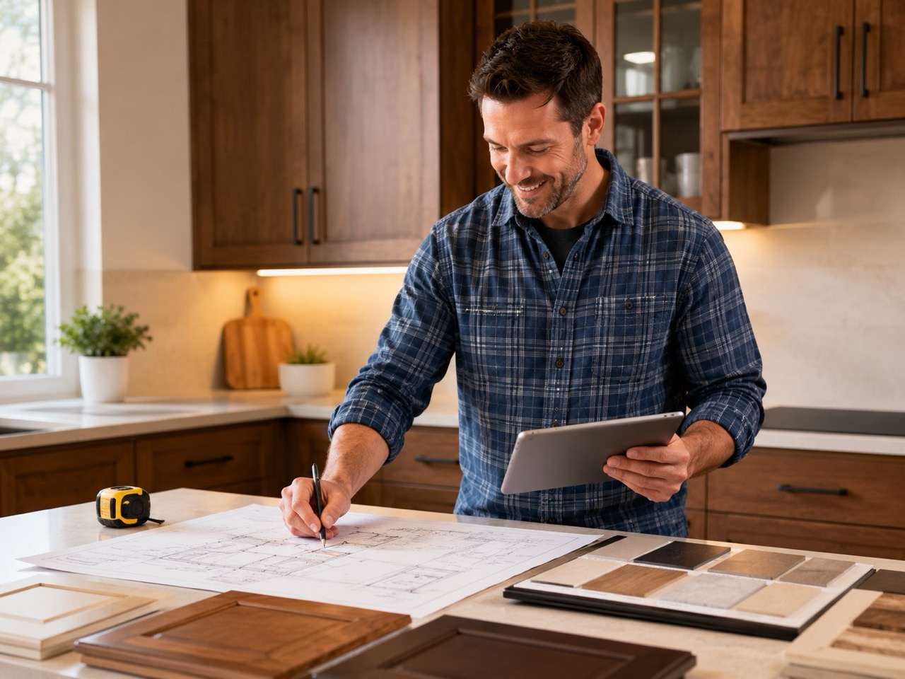 Man in plaid shirt holding tablet and drawing on kitchen blueprint at countertop with material samples.