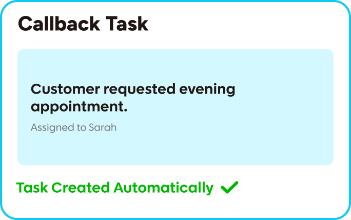 Automatically created callback task assigned to Sarah for a requested evening appointment
