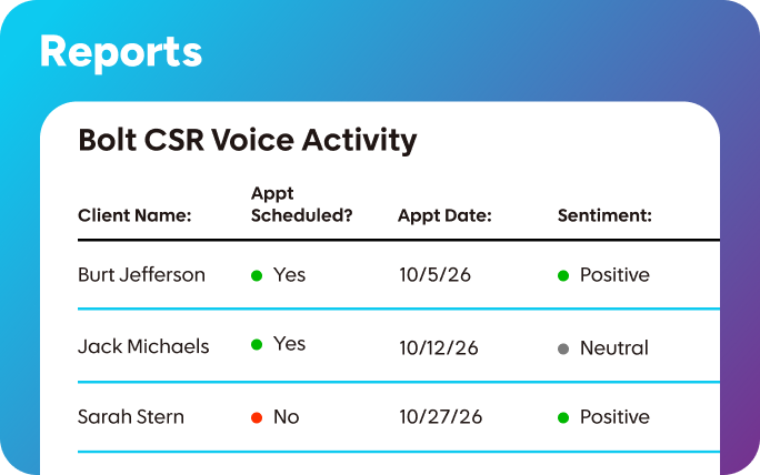 Bolt CSR Voice Activity report showing appointment status, dates, and customer sentiment