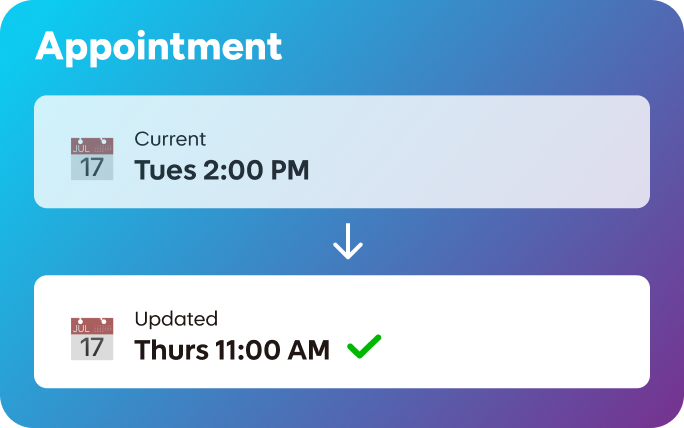Appointment rescheduled from Tuesday at 2:00 PM to Thursday at 11:00 AM