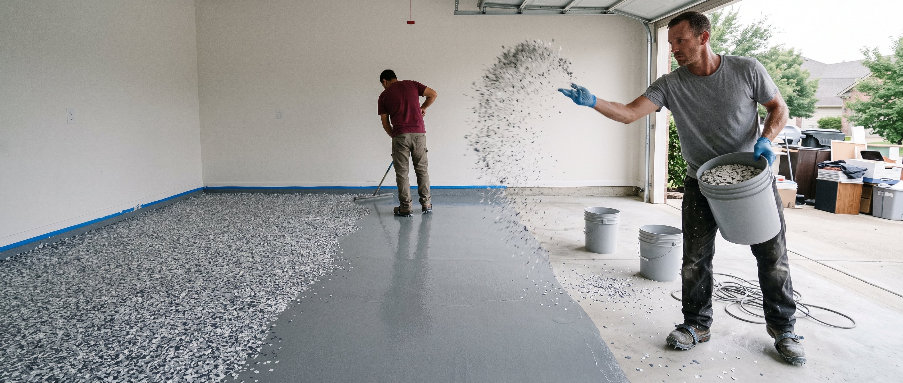 An installer broadcasting flake across a freshly coated residential garage floor