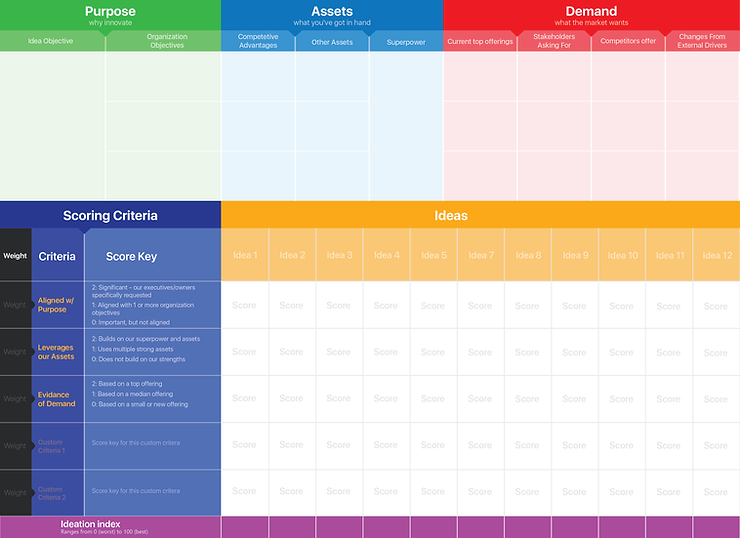 IdeaPad blank template, including sections for Purpose, Assets, and Demand, and then a Scoring Criteria and Ideas on the bottom, brainstormed to fit with the PAD