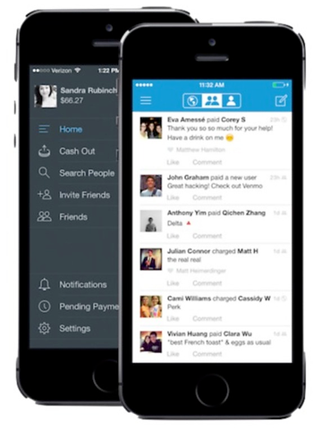 Two phones showing two screens of the initial Venmo app, including the main menu and the transactions list