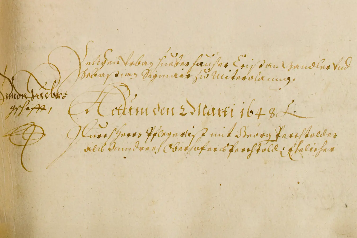 Alte handschriftliche Seite mit vergilbtem Papier und kalligraphischem Text aus dem Jahr 1648.