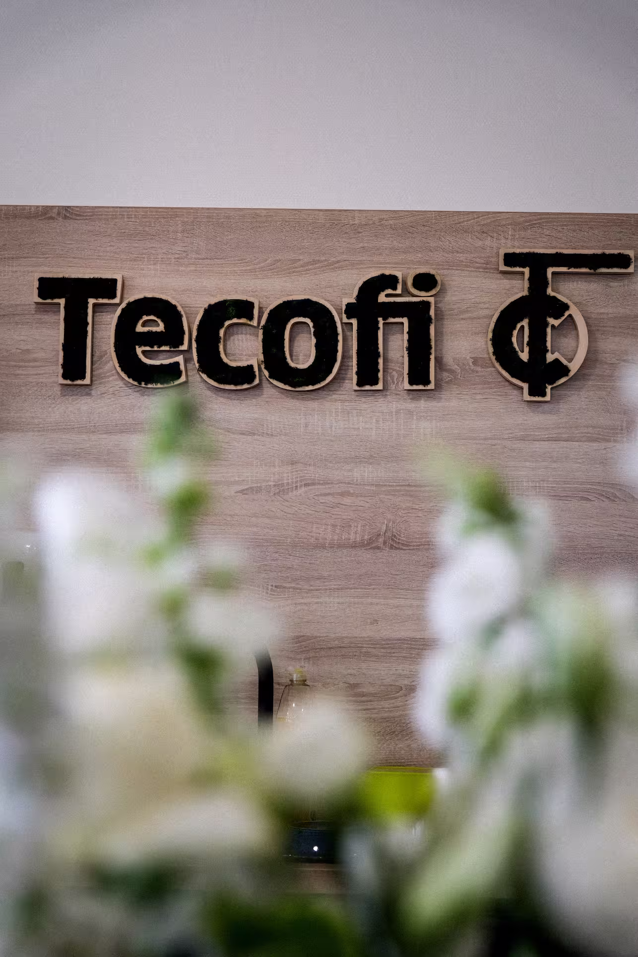 Enseigne de l’entreprise Tecofi décorée de fleurs en salle d’accueil – portfolio photographe vidéaste d'entreprise