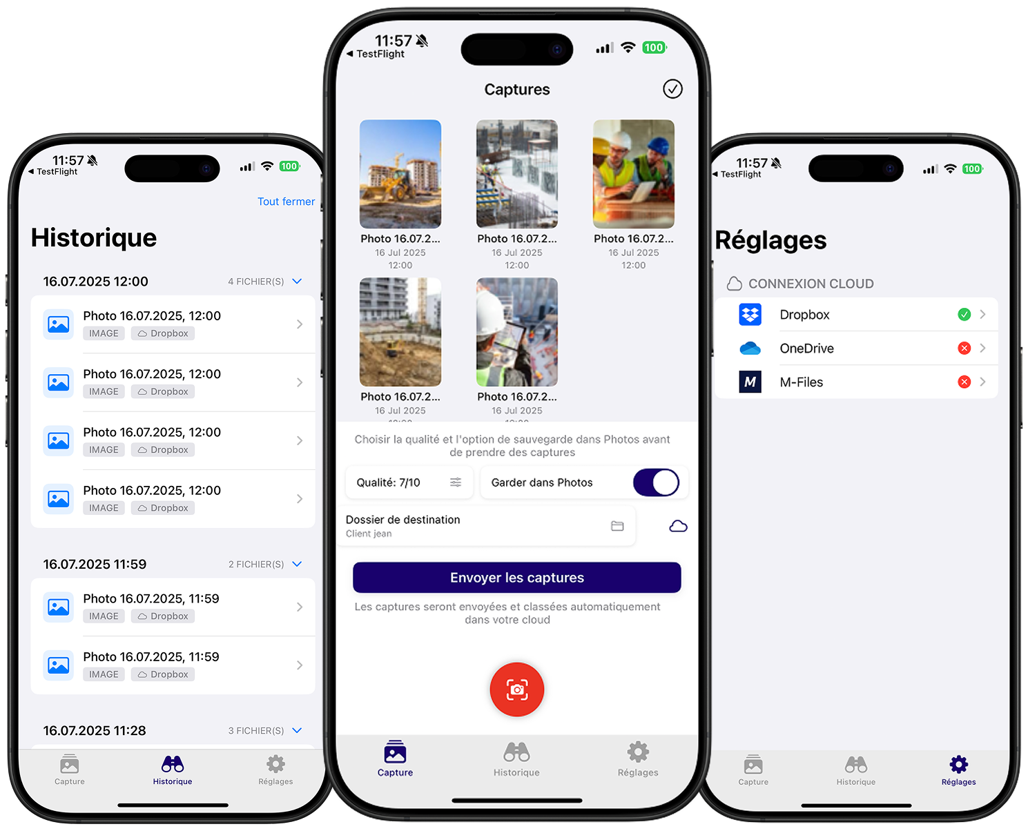 Mobile app interface for scanning and uploading photos to Dropbox, OneDrive, and M-Files – designed for professionals in construction and fieldwork. Features include capture history, cloud sync settings, image quality control, and batch upload.