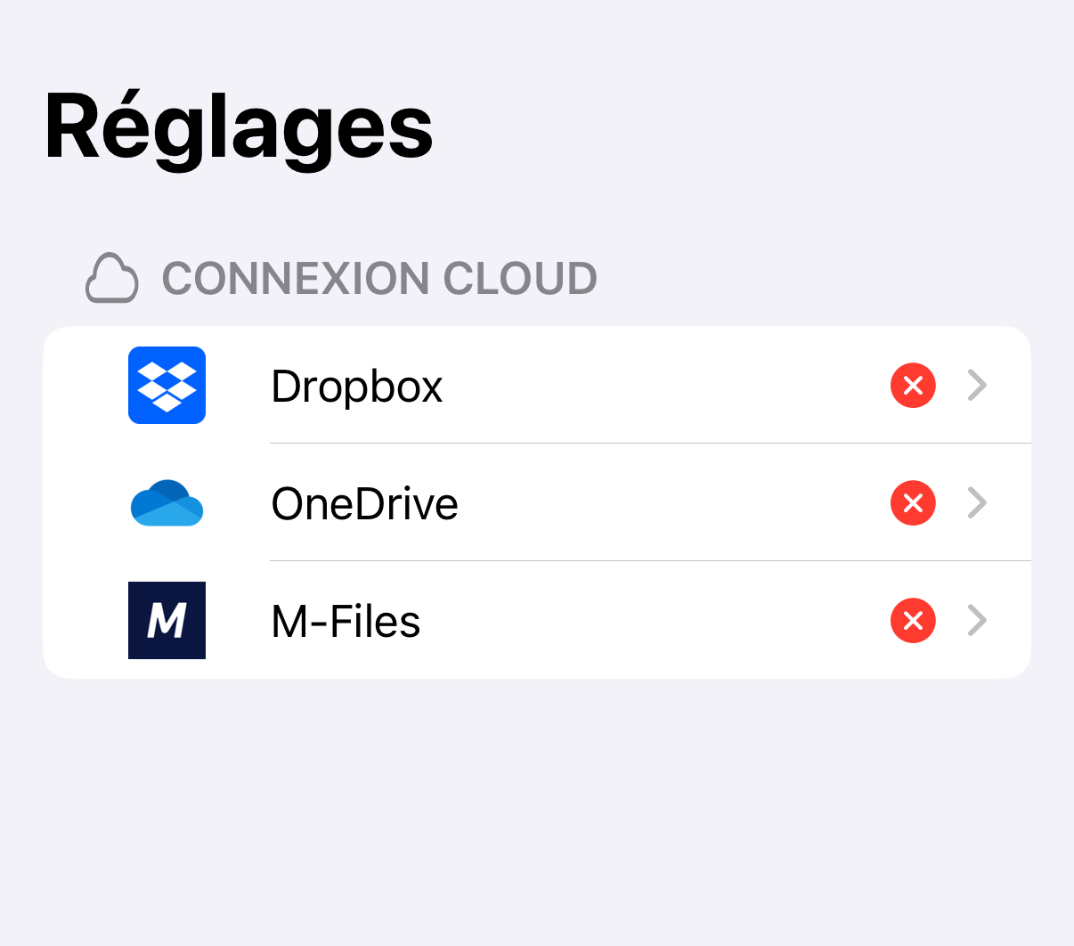 Écran de réglages d’une application mobile de capture, affichant la connexion aux services cloud Dropbox, OneDrive et M-Files pour transfert de fichiers professionnels.