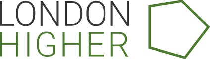 London Higher logo with the text 'LONDON HIGHER' next to a green outlined pentagon shape.