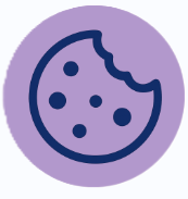 Blue cookie icon with a bite taken out, on a purple circular background linking to the cookies policy.