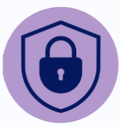 Shield icon with a padlock symbol representing security and confidentiality on a purple circular background linking to the confidentiality policy.