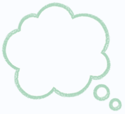 Light green hand-drawn thought bubble with two small trailing circles on a white background.