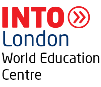 INTO London World Education Centre logo with red INTO text, double arrow symbol, and blue and black text.