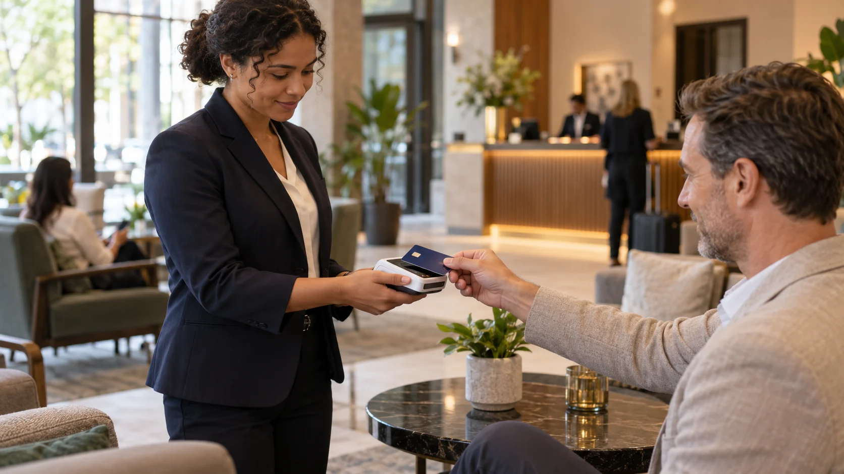 Hotel staff member accepts a card payment from a guest in the hotel lounge.