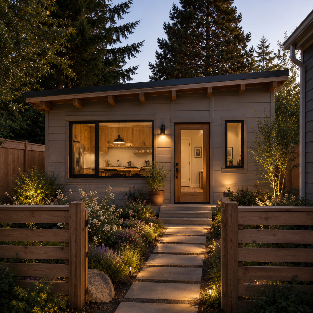 Modern dark-clad ADU exterior lit at dusk, built by Casita near Cincinnati