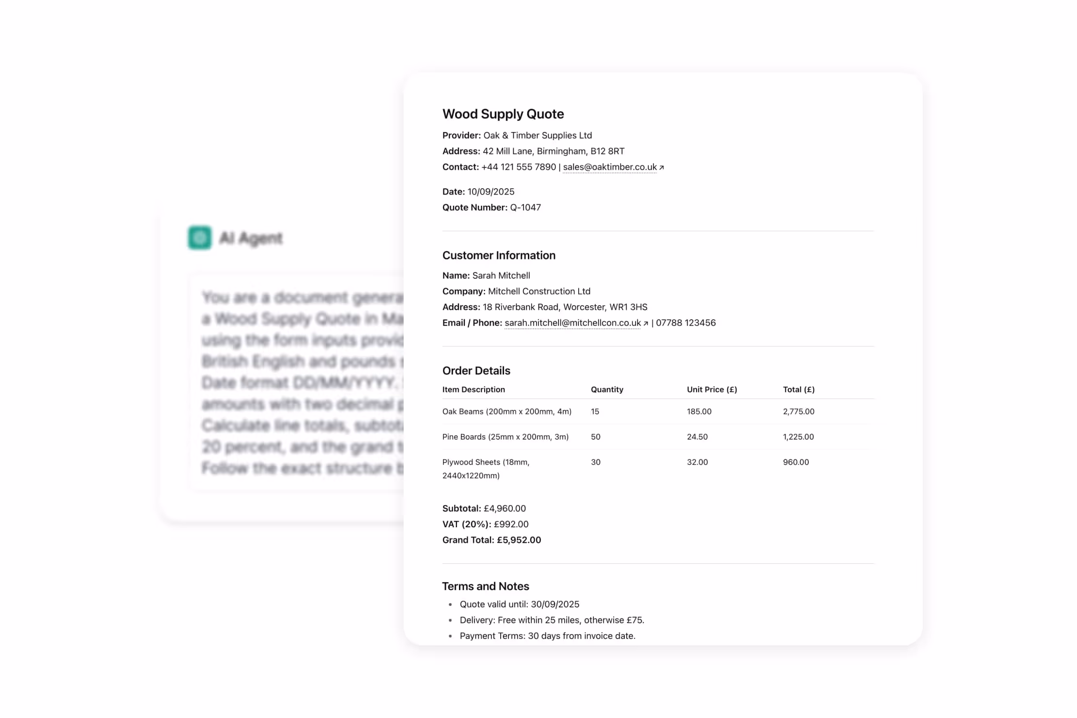 Wood Supply Quote from Oak & Timber Supplies Ltd to Mitchell Construction Ltd listing quantities and prices for oak beams, pine boards, and plywood sheets, including subtotal, VAT, and total cost.
