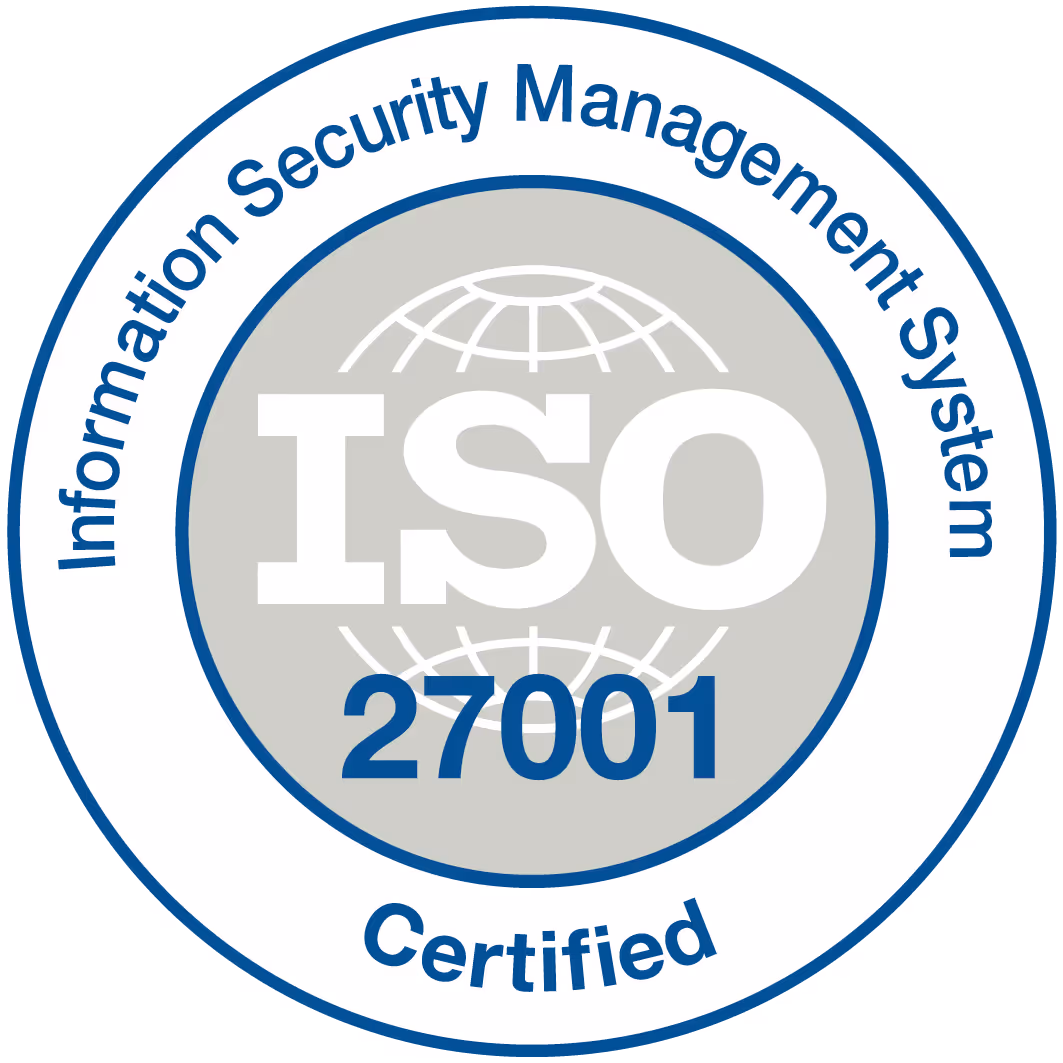 ISO 27001 Certified Information Security Management System logo with a globe graphic.