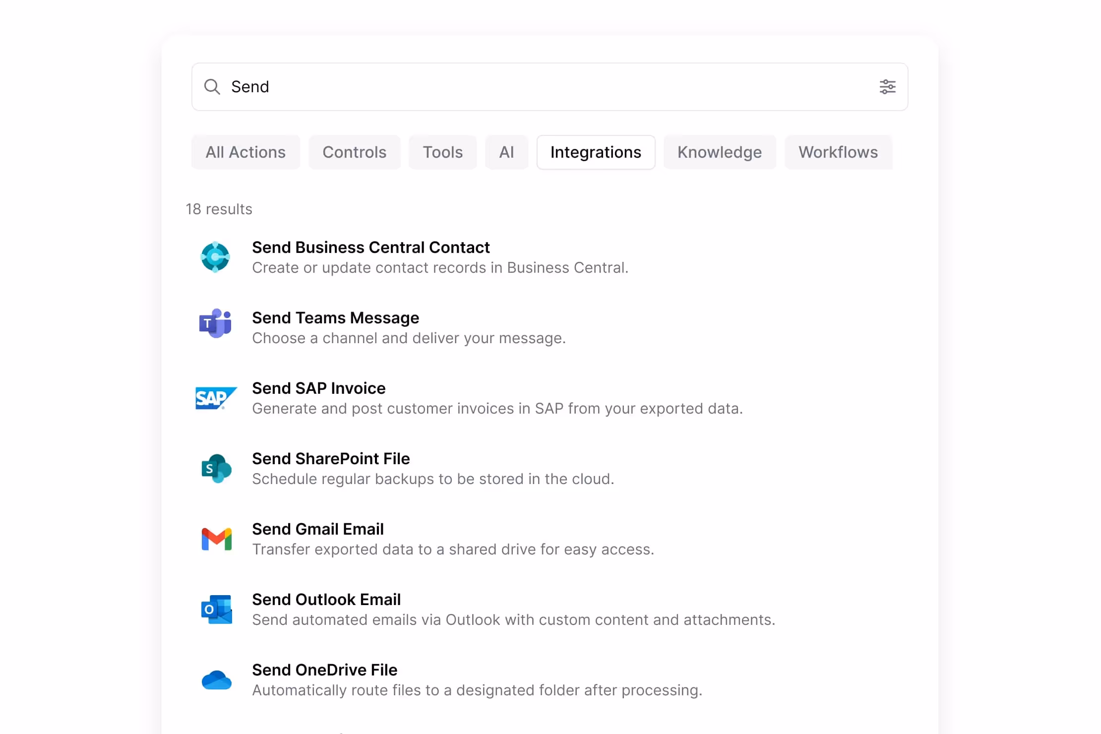 Search results for 'Send' showing integration options like Send Business Central Contact, Send Teams Message, Send SAP Invoice, and email and file sending actions.