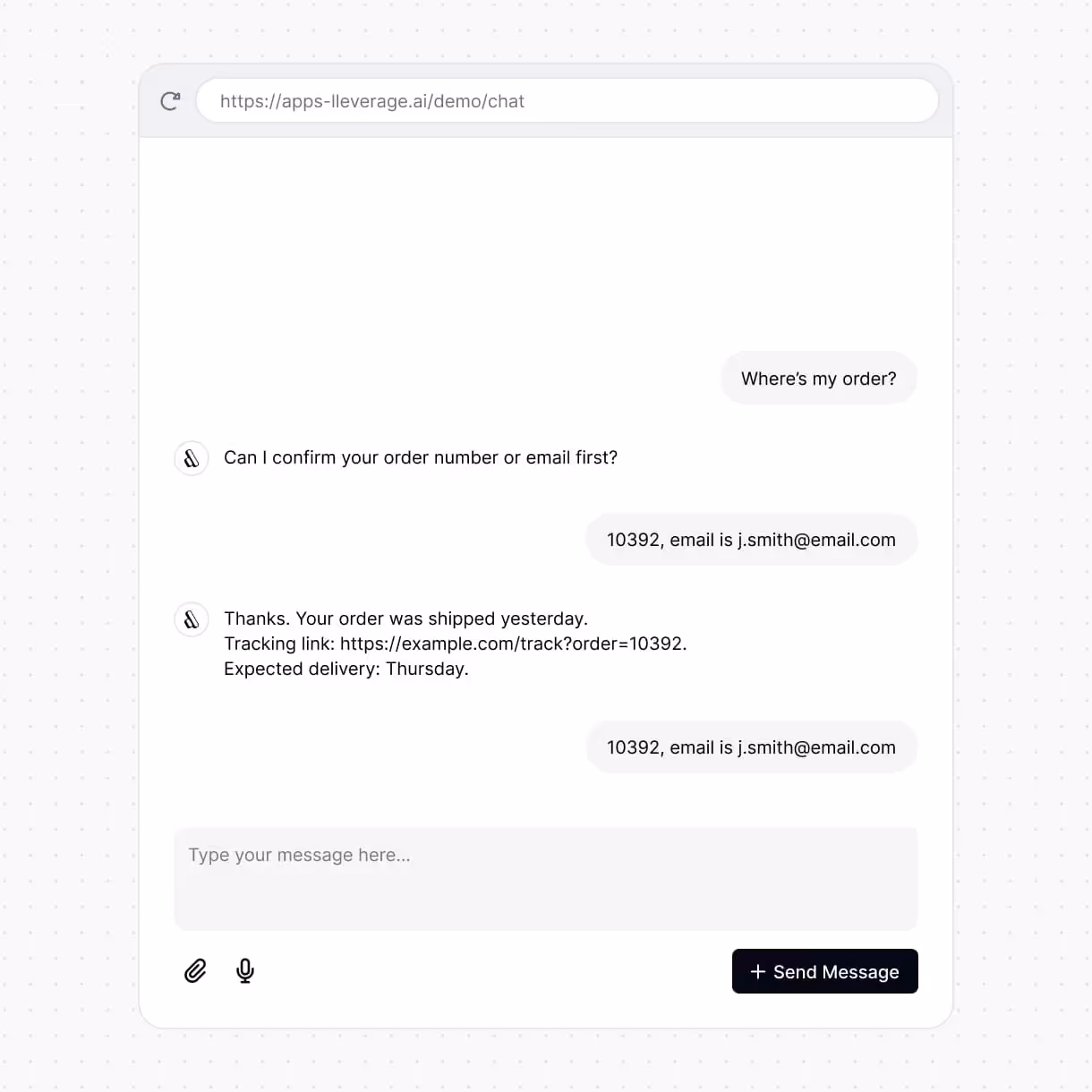 Chat interface showing a conversation where a user asks about their order status, provides order number and email, and receives a shipping confirmation with tracking link and expected delivery date.