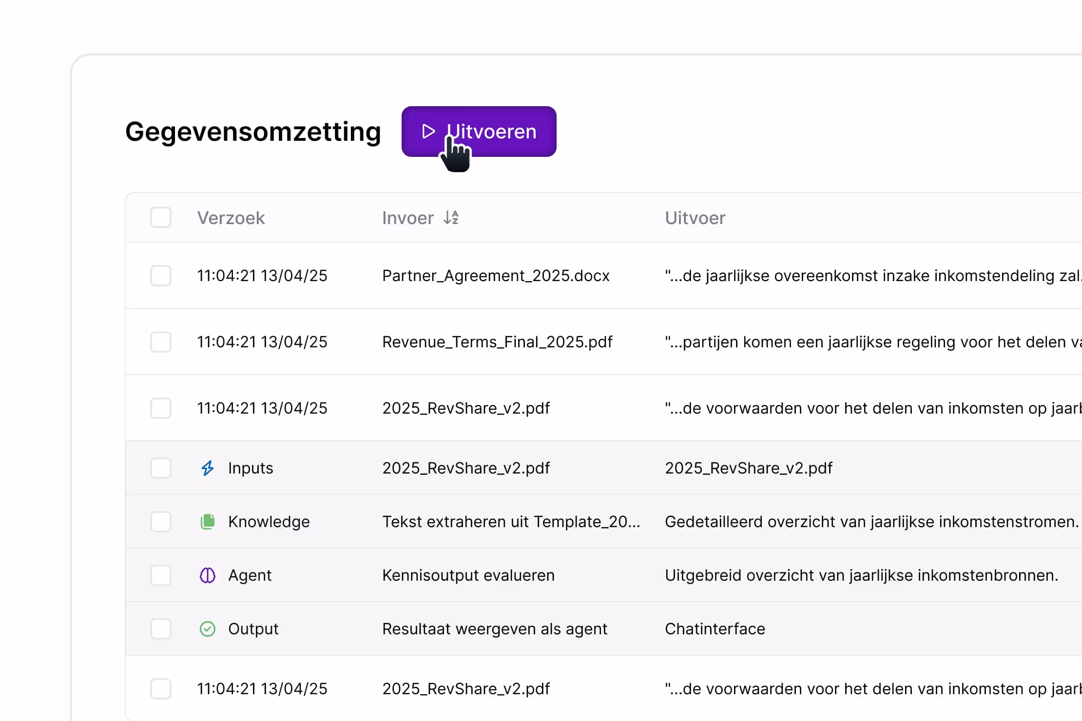 Data conversion interface showing files with timestamps, input and output details, and a purple 'Execute' button being clicked.