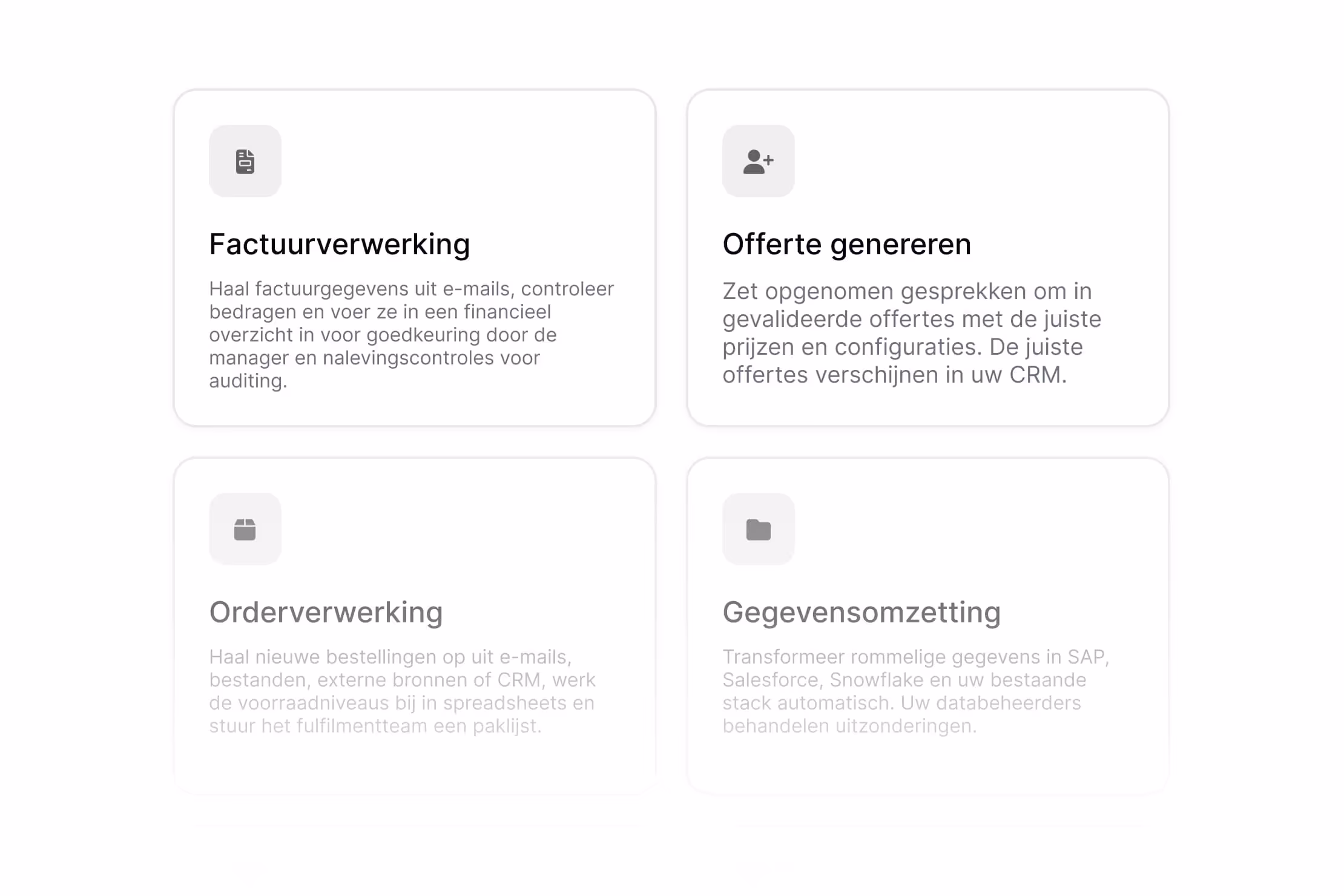 Four white information cards arranged in a grid with icons and Dutch text about invoice processing, quote generation, order processing, and data conversion.