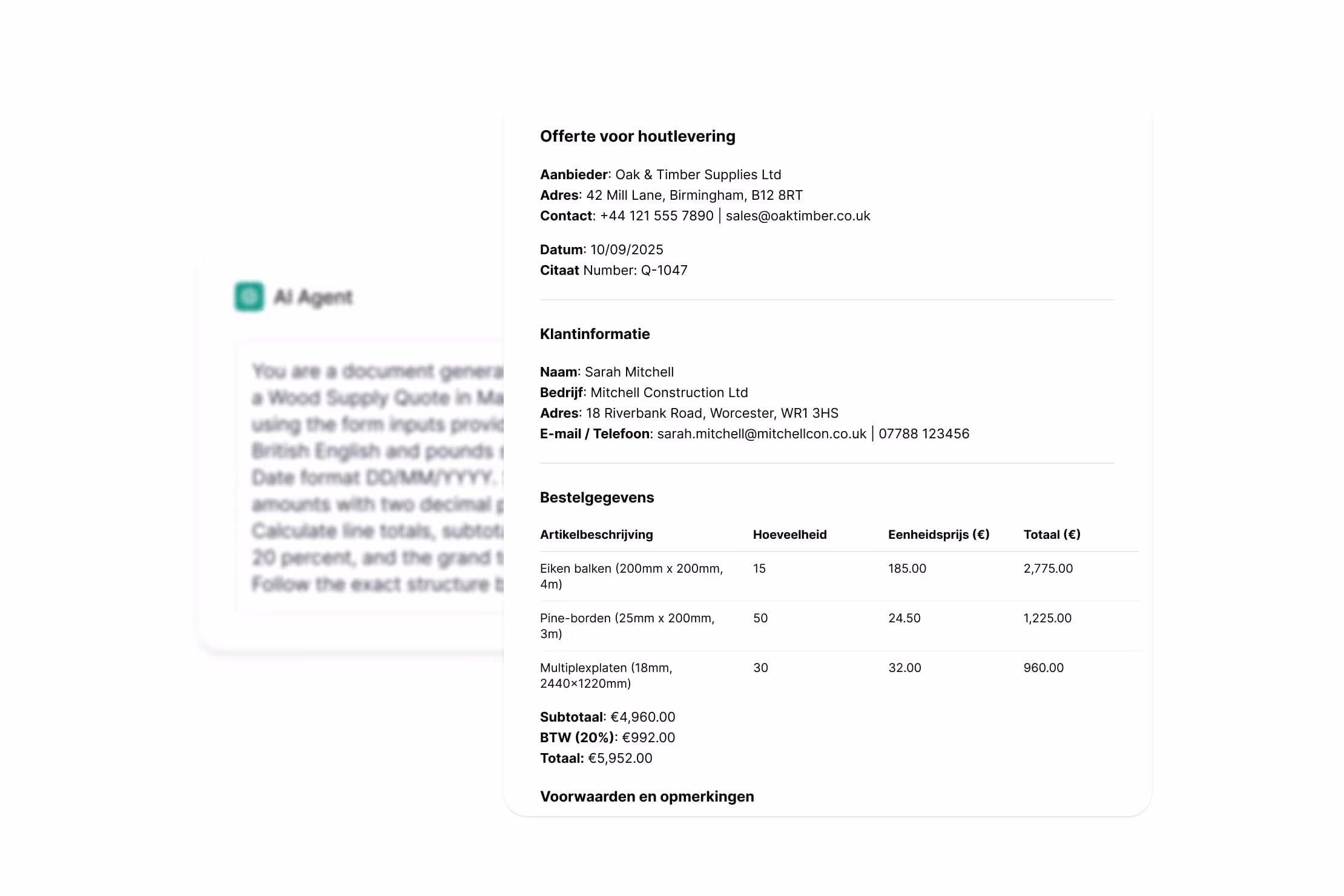 Quotation for timber supply from Oak & Timber Supplies Ltd to Sarah Mitchell of Mitchell Construction Ltd, listing items, quantities, unit prices in euros, subtotal, 20% VAT, and total.