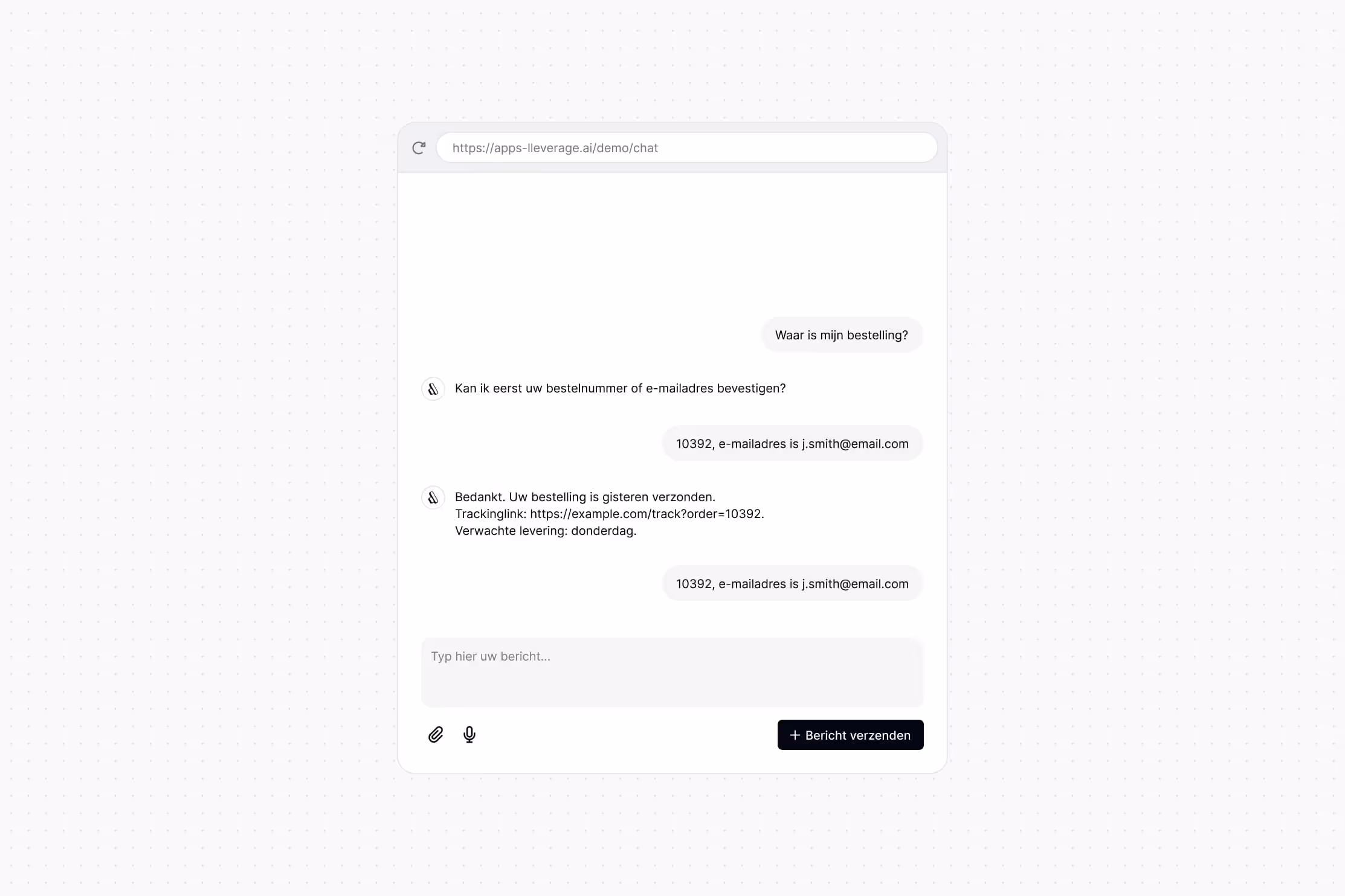 Chat window showing a conversation in Dutch about order tracking with messages asking for order number or email, and responding with shipment status and delivery date.