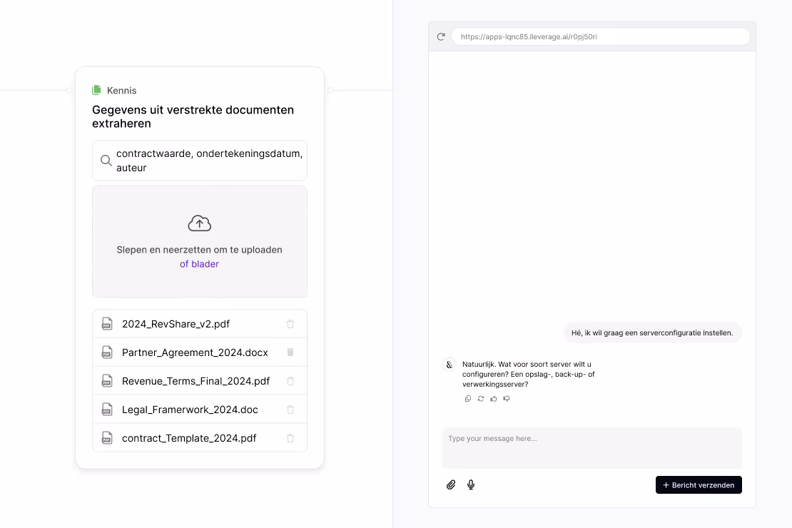 User interface for extracting data from uploaded documents with a chat window on the right displaying a conversation in Dutch about server configuration.