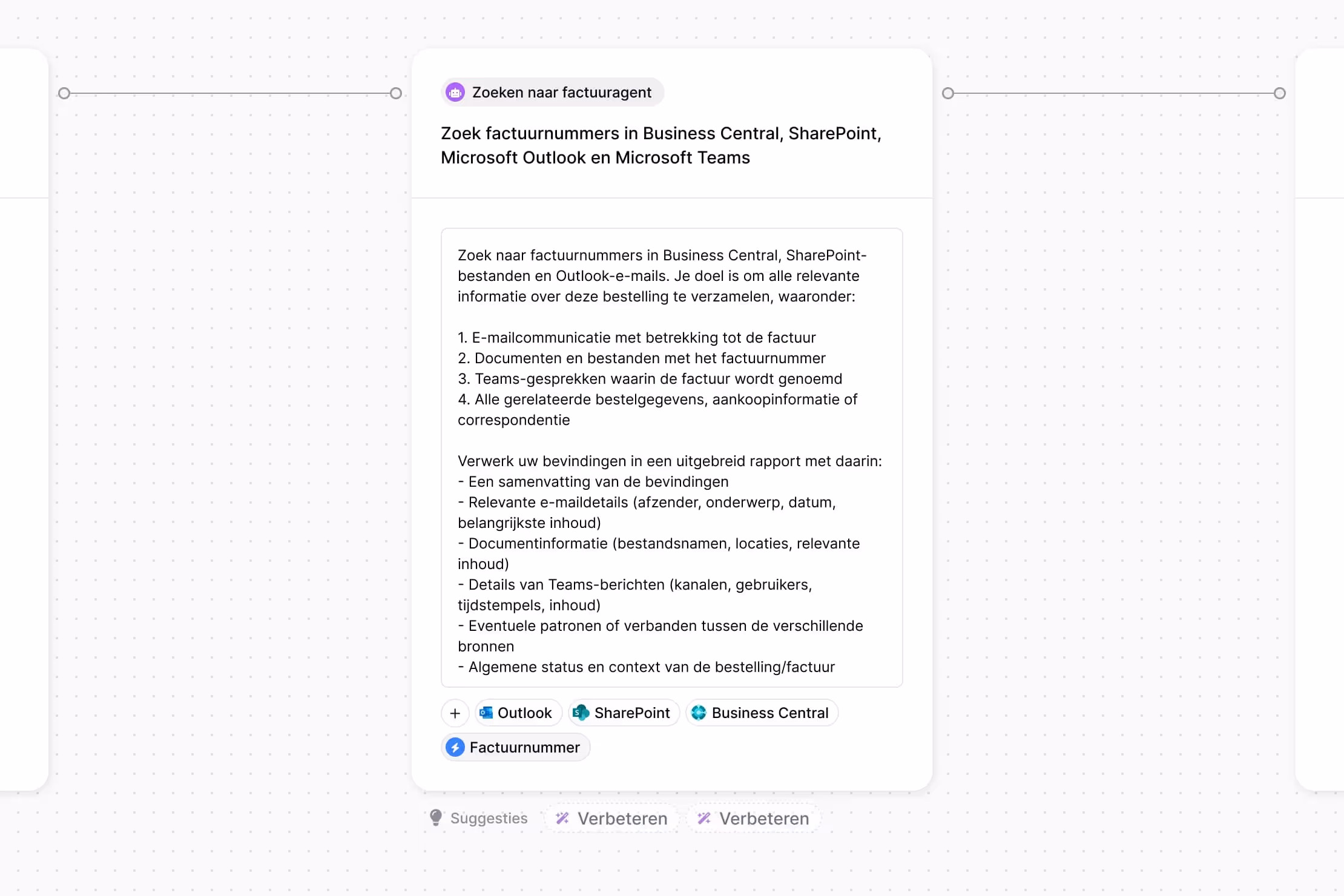 Task card titled 'Zoeken naar factuuragent' describing searching invoice numbers in Business Central, SharePoint, Outlook, and Teams with detailed steps and report requirements.