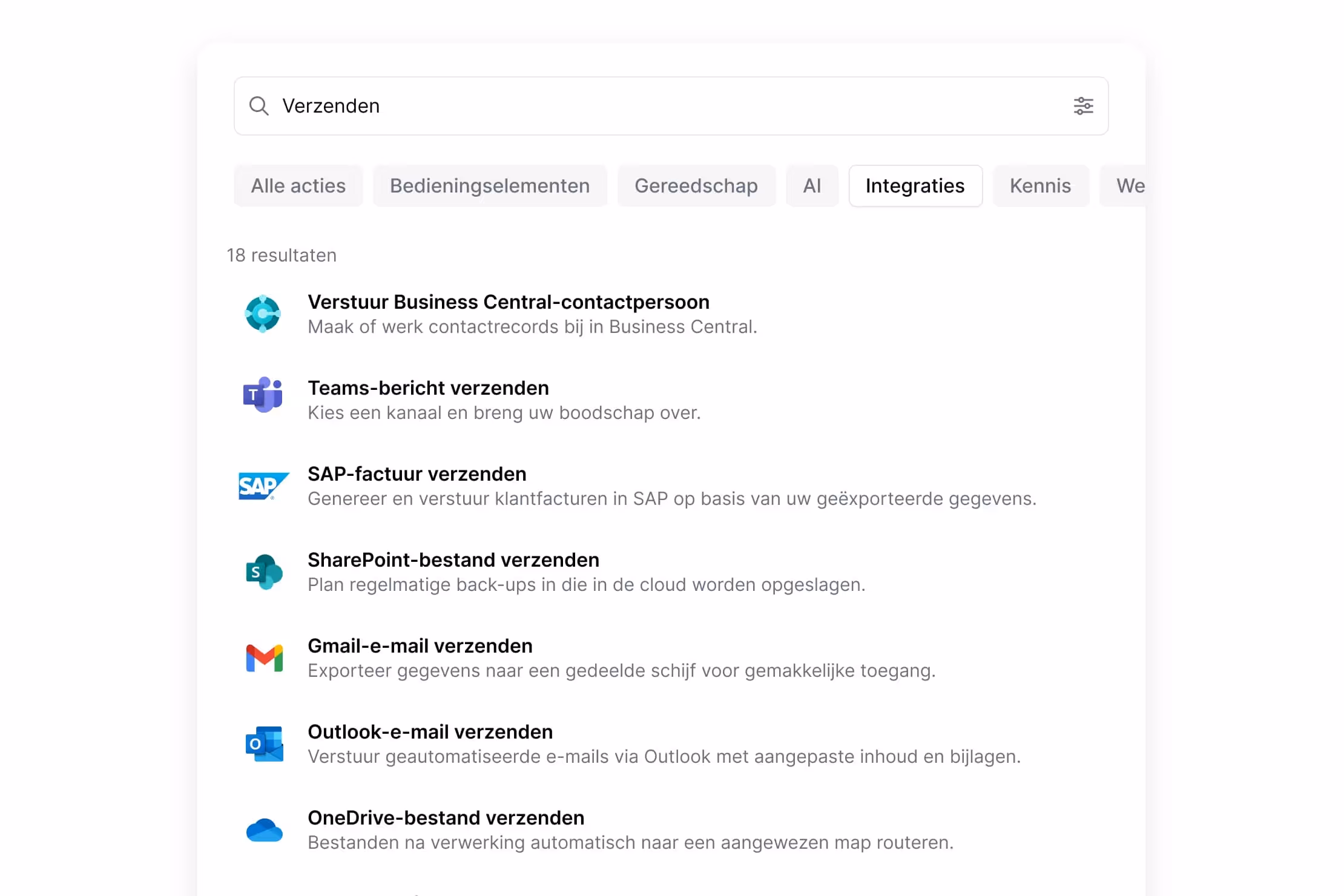 Search results for 'Verzenden' showing integrations including Business Central contacts, Teams messages, SAP invoices, SharePoint files, Gmail emails, Outlook emails, and OneDrive files.
